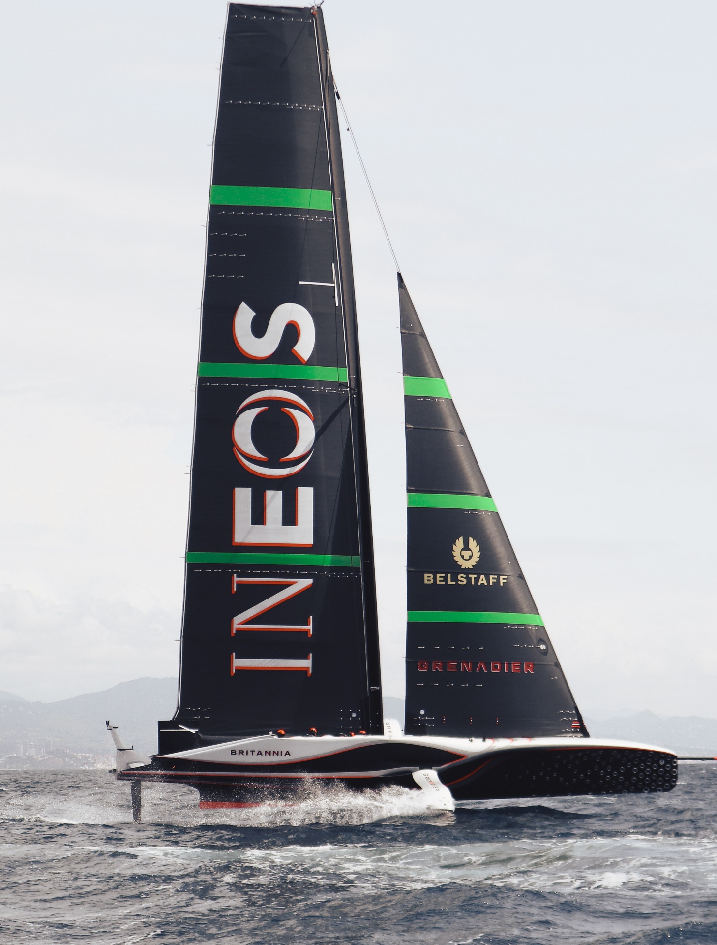 Close view of the INEOS Britannia America's Cup sail and hull