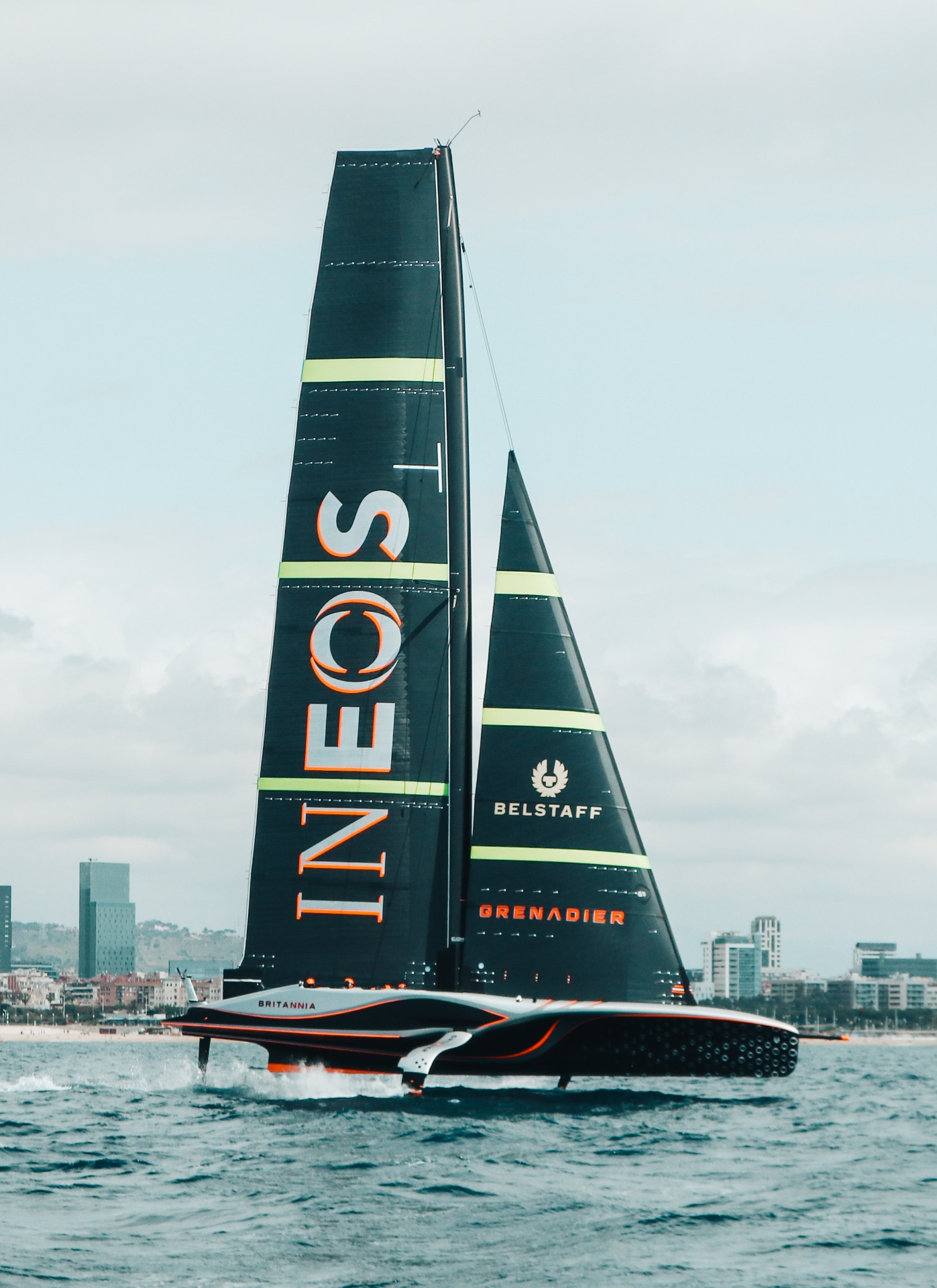 INEOS Britannia AC75 under sail in Barcelona